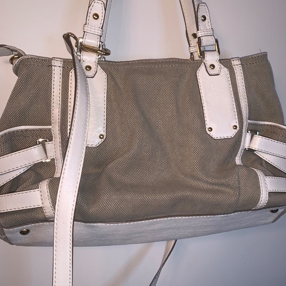 Michael Kors Gansevoort Canvas Satchel Leather Handbag Tan White - Picture 9 of 12